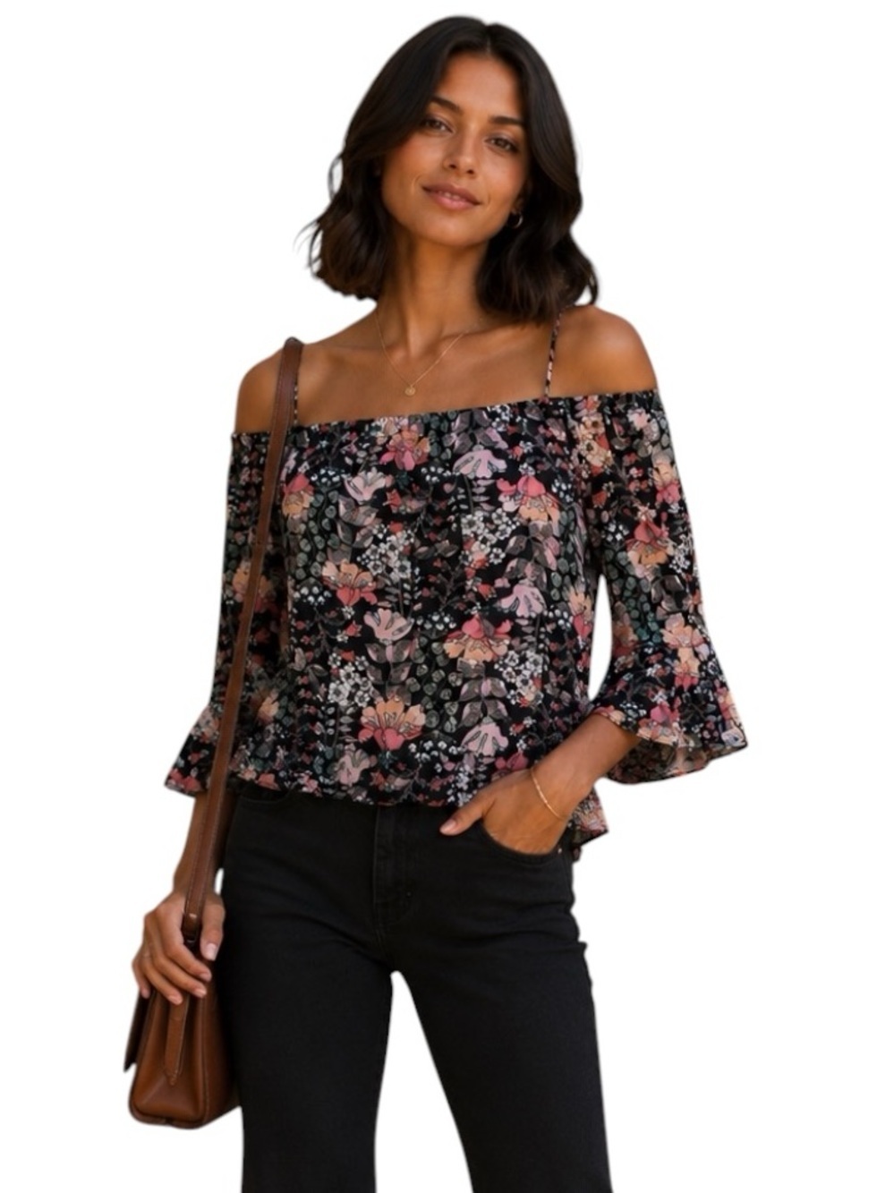 ECI NY Floral Off Shoulder Boho Top | Bell Sleeve | Moody Dark Romantic Medium